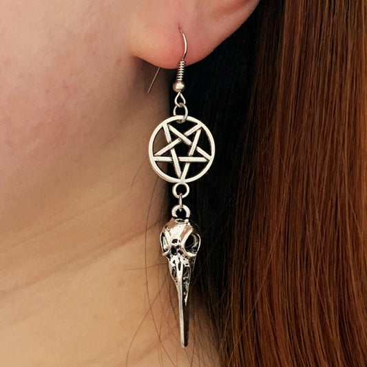 The New Bird Skull Earrings, Gothic Earrings, Pentagram, Crow Skull Earrings, Halloween