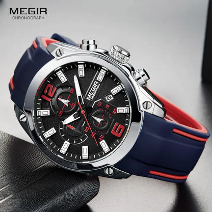 Megir Men's Chronograph Analog Quartz Watch With Date, Luminous Hands, Waterproof Silicone Rubber Strap Wristswatch for Man