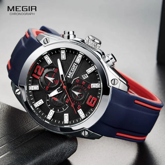 Megir Men's Chronograph Analog Quartz Watch With Date, Luminous Hands, Waterproof Silicone Rubber Strap Wristswatch for Man