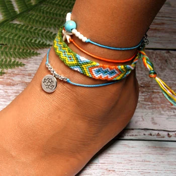 MOON GIRL Handmade Weave Bobo Lotus Anklet Set Fashion Starfish 4 Pieces Bohemian Chic Summer Bracelet Ankle for Women
