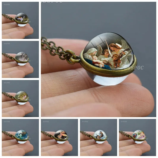 Vintage Double Sided Glass Ball Necklace Hadas Goticas Angel on Moon Art Photo Fairy Tale Pendant Women Jewelry