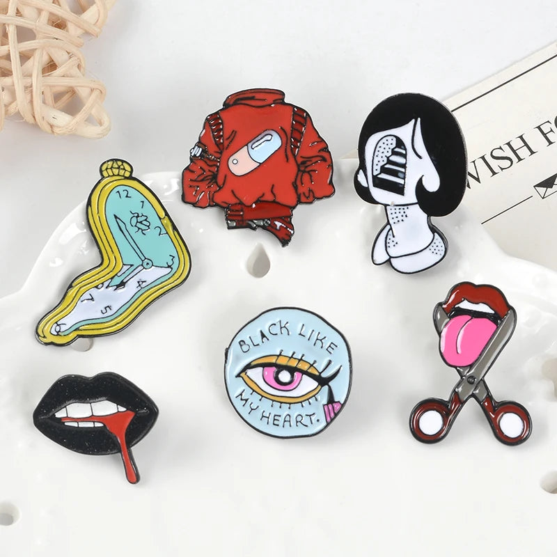 Pill Eyeliner Tongue Lips Enamel Pins Twisted Clock Girl Brooches Denim Shirt Lapel Pin Bag Punk Cool Jewelry for Friends