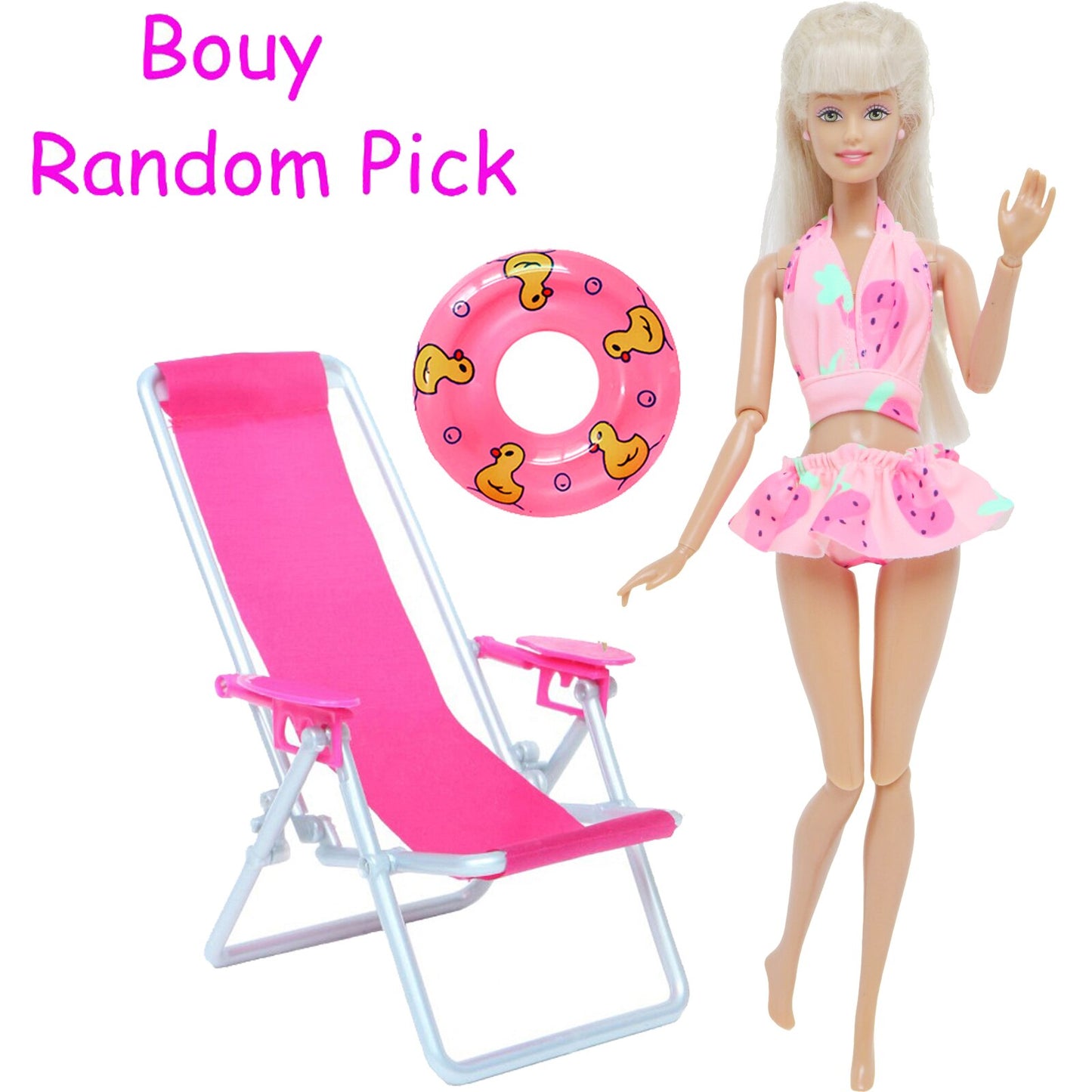 3 Pcs/Lot = 1x Swimsuit Bikini + 1x Random Swimming Buoy Lifebelt Ring +1x Pink Foldable Beach Chair Accessories for Barbie Doll