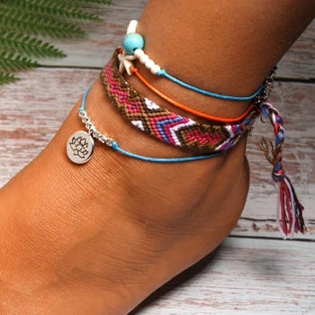MOON GIRL Handmade Weave Bobo Lotus Anklet Set Fashion Starfish 4 Pieces Bohemian Chic Summer Bracelet Ankle for Women