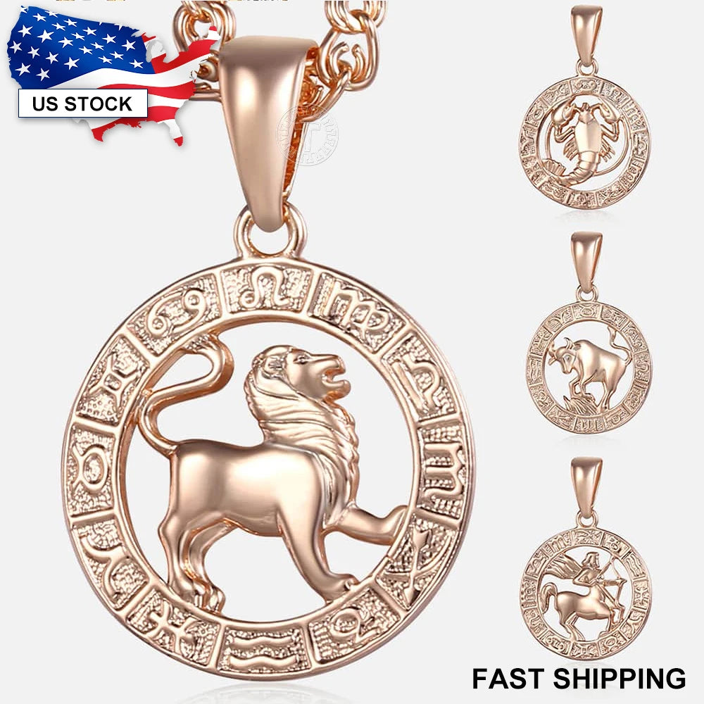 Davieslee Pendant Necklace for Women 12 Zodiac Sign Constellation Yellow Rose Gold Color Womens Necklaces Round Shaped LGPM16