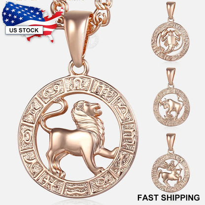 Davieslee Pendant Necklace for Women 12 Zodiac Sign Constellation Yellow Rose Gold Color Womens Necklaces Round Shaped LGPM16
