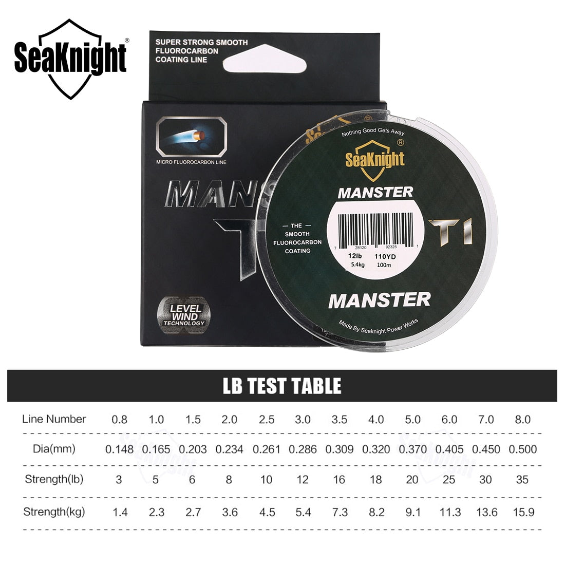 SeaKnight Brand MANSTER T1 Series 100M Fishing Line Fluorocarbon Coating Nylon Monofilament Fishing Line Sinking Line 3-35lb