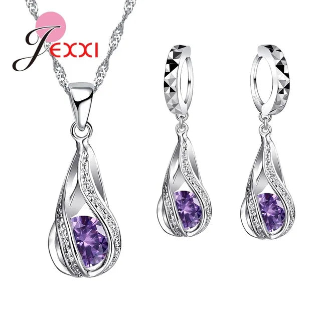 8 Colors Best for Women Girls Friends 925 Sterling Silver Jewelry Set CZ Cubic Zircon Water Drop Necklace Dangle Earrings
