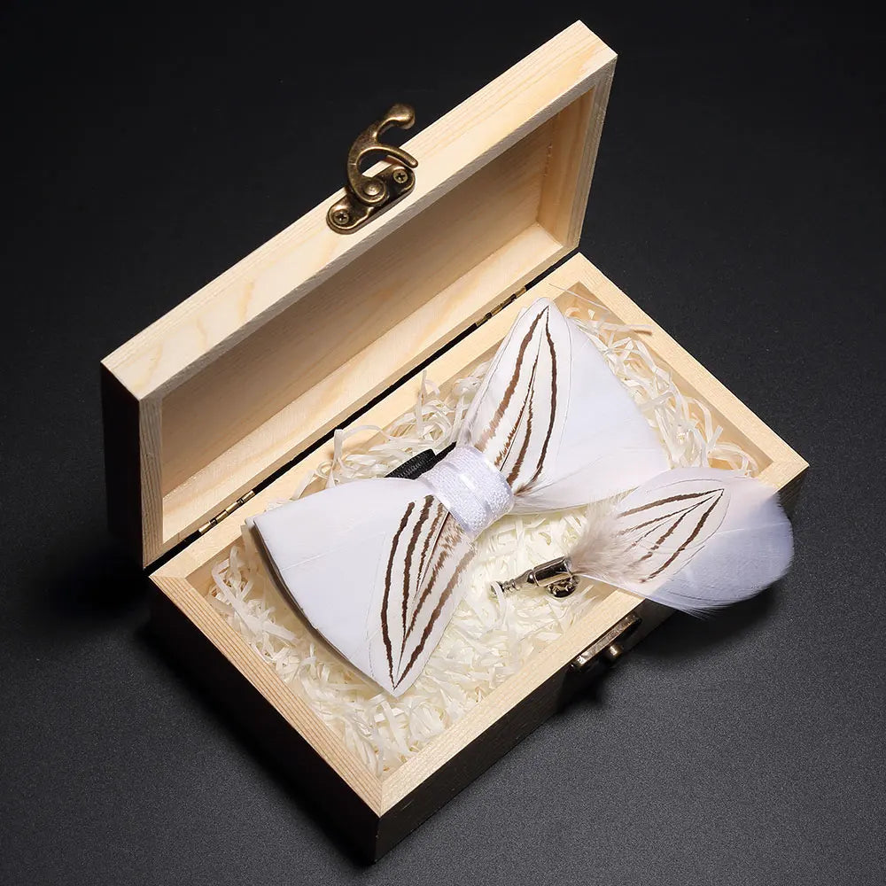 KAMBERFT Design Handmade Feather Bow Tie Brooch Wooden Box Set High Quality Men's Bowtie Leather Tie for Wedding Party Banquet