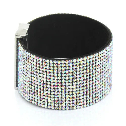 XQNI New Fashion High Quality Handmade Crystal Leather Bracelet for Men Women Trendy Black Rhinestone Classic Charm Bracelet.