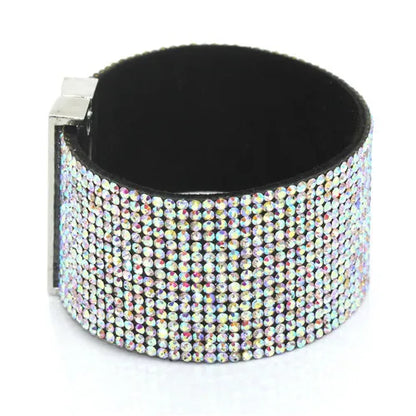 XQNI New Fashion High Quality Handmade Crystal Leather Bracelet for Men Women Trendy Black Rhinestone Classic Charm Bracelet.