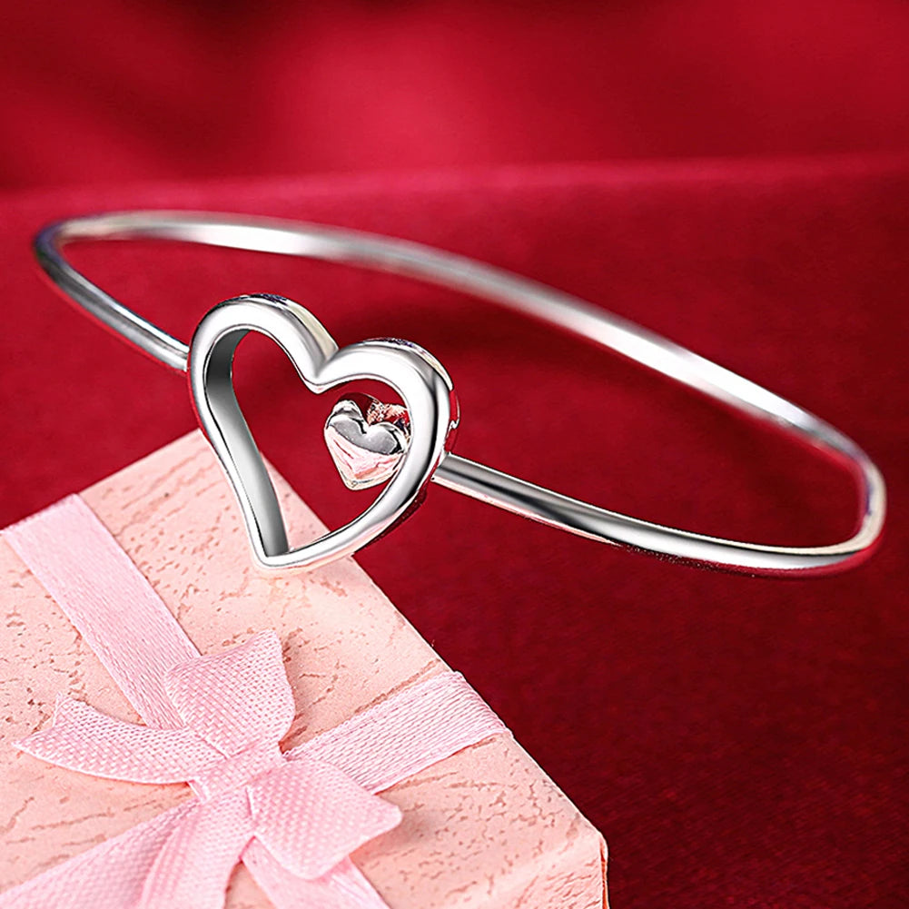 Andara 925 Sterling Silver Round Heart Open Bracelet for Women Jewelry Cuff Bangles
