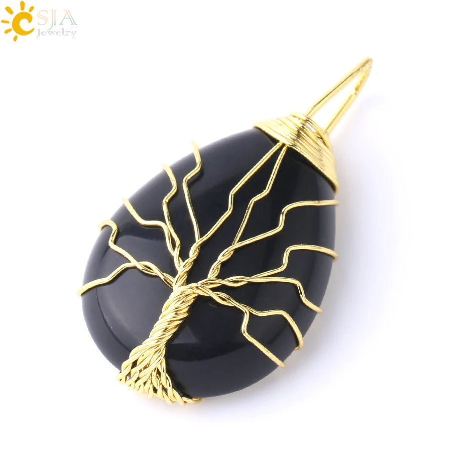 Tiger Eye Tree of Life Crystal Necklace Natural Stone Pendant Wire Wrap Rose Crystals Pink Quartz Amethyst Green Aventurine E585