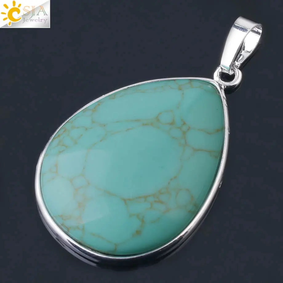 CSJA Natural Stone Pendants  Tiger Eye Pink Quartz Purple Crystal Lapis Necklace Water Drop Flat Bead Women Healing Jewelry F982