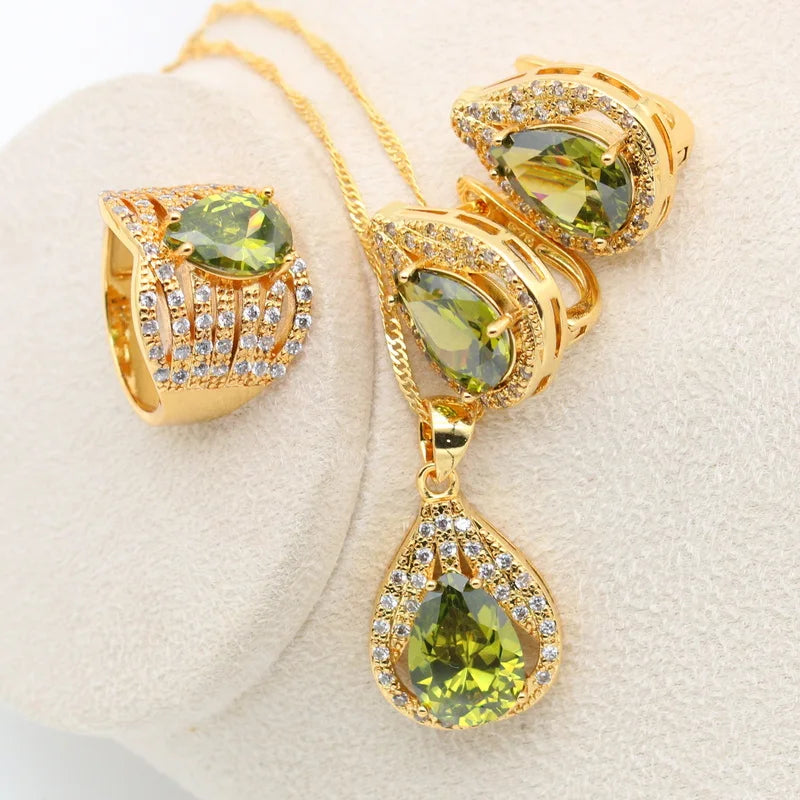 New Green Peridot Zircon Silver 925 Jewelry Set Women Bracelet Earrings Necklace Pendant Ring Birthday