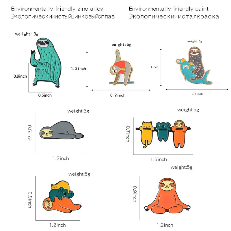 Funny Sloth Series Badges Brooches Cute Nickname Flash Denim Enamel Lapel Pins for Kids Fans Friends Jewelry