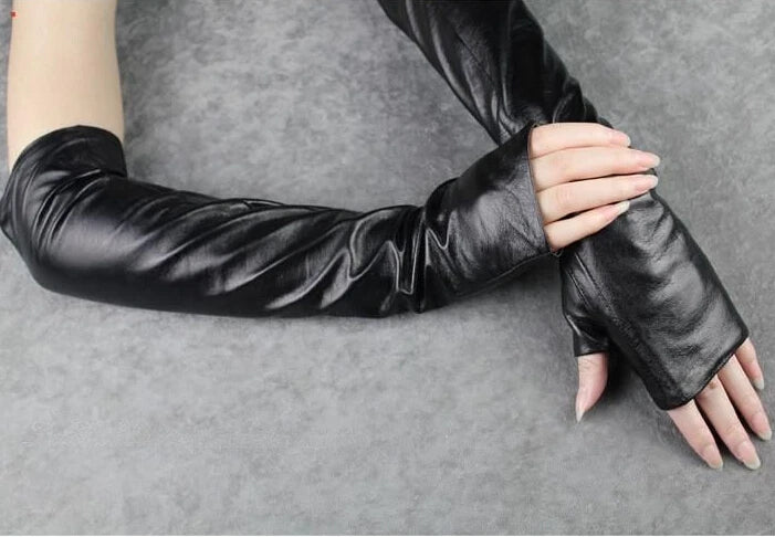 Female Fashion Long Sheepskin Gloves Half Finger PU Arm Warmers Winter Gloves Korean Lengthened