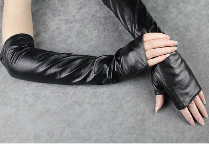 Female Fashion Long Sheepskin Gloves Half Finger PU Arm Warmers Winter Gloves Korean Lengthened