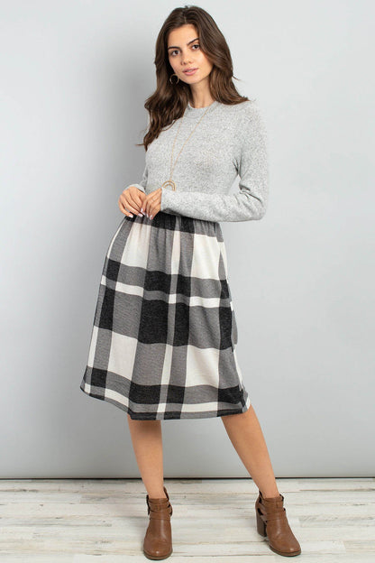 Two Toned High Neck Long Sleeves Plaid Contrast Dress