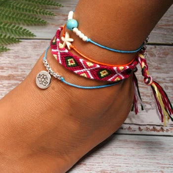 MOON GIRL Handmade Weave Bobo Lotus Anklet Set Fashion Starfish 4 Pieces Bohemian Chic Summer Bracelet Ankle for Women