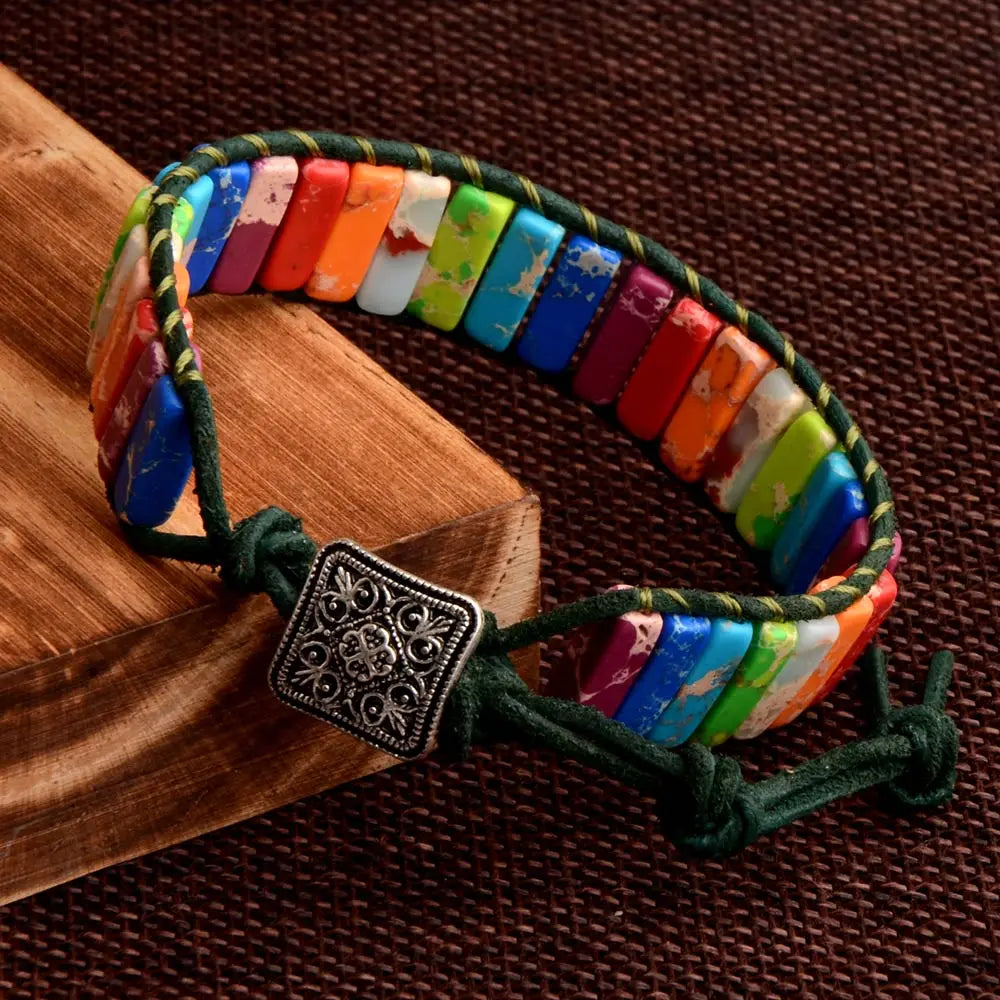 7 MultiColor Chakra Natural Stone Bracelet Bohemia Handmade Tube Beads Leather Wrap Bracelet Yoga Bracelets for Woman