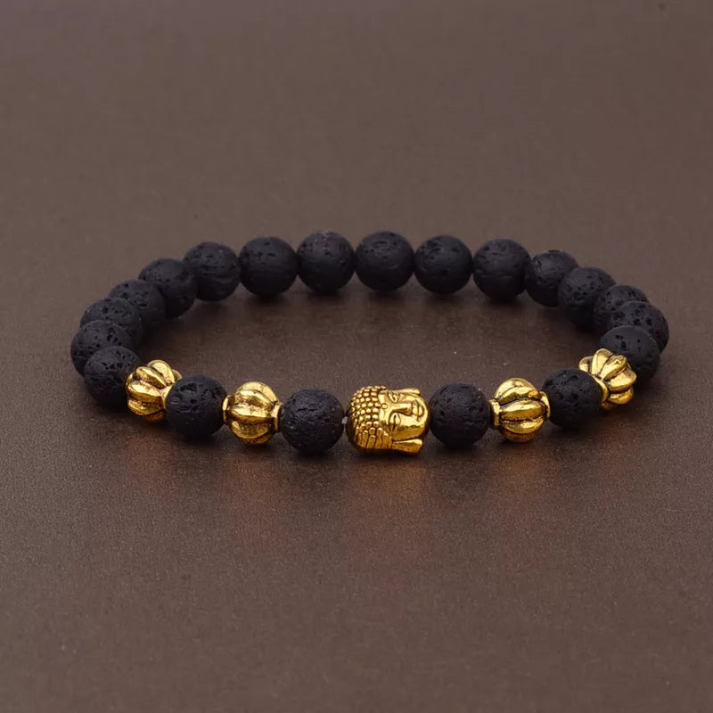 Charm Buddha&Evil Eye Bracelet Women 8mm Elastic Round Bright Black Stone Chakra Bracelets Men Erkek Bileklik Homme