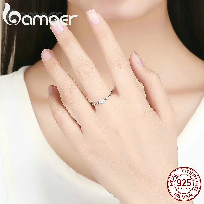 BAMOER 925 Sterling Silver Heart Clear CZ Simple Finger Rings for Women Engagement Wedding Statement Jewelry  SCR498