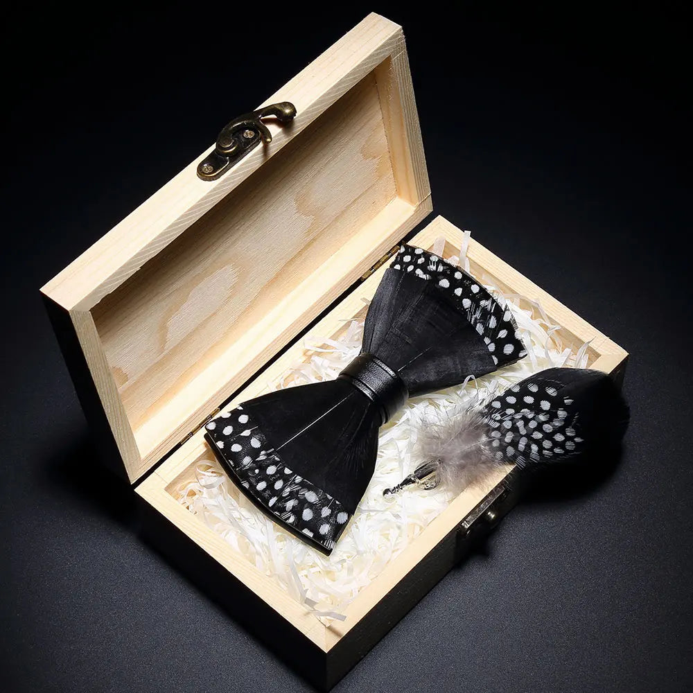 KAMBERFT Design Handmade Feather Bow Tie Brooch Wooden Box Set High Quality Men's Bowtie Leather Tie for Wedding Party Banquet