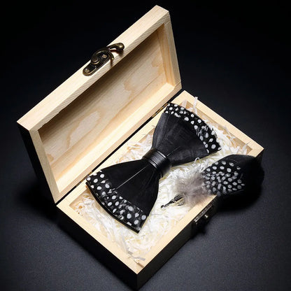 KAMBERFT Design Handmade Feather Bow Tie Brooch Wooden Box Set High Quality Men's Bowtie Leather Tie for Wedding Party Banquet
