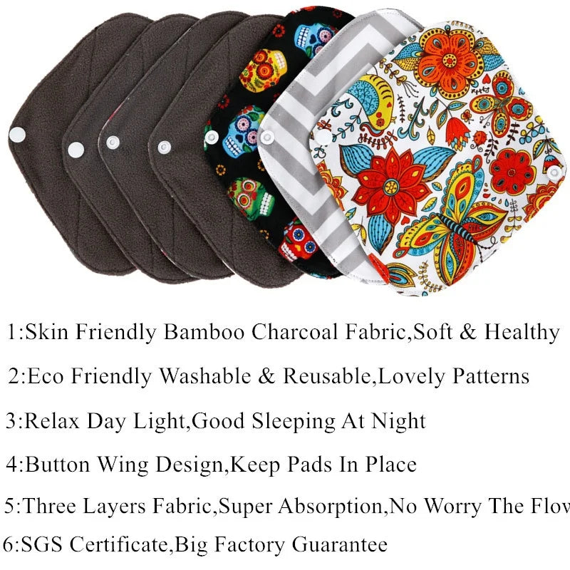 [Simfamily]10PCS Reusable Pads Bamboo Charcoal Sanitary Pads Mama Menstrual Cotton Pads Washable Panty Liner Pads Health Feminin