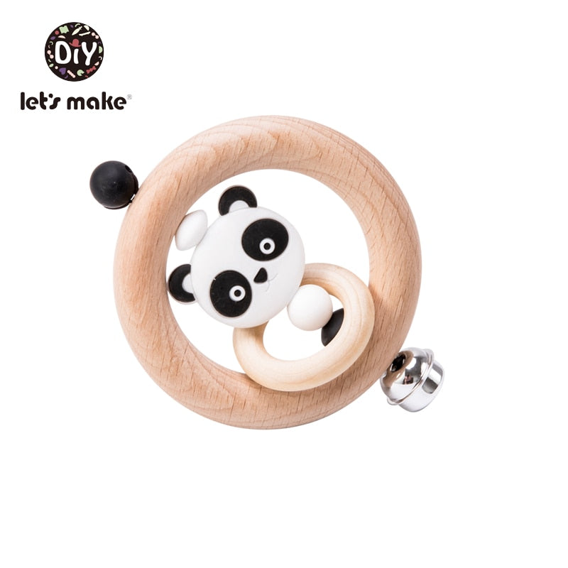 Baby Toys 1pc Silicone Beads Cartoon Rattle Teething Ring of Beech Wood 0-12 Moths Children Christmas Stroller Let's Make