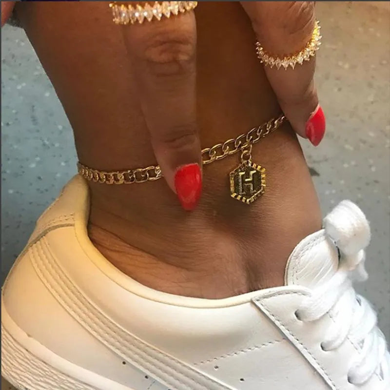 A-Z Initial Letter Anklets for Women Stainless Steel Anklet  21cm + 10cm Figaro Chain Summer Beach Accessories Jewelry