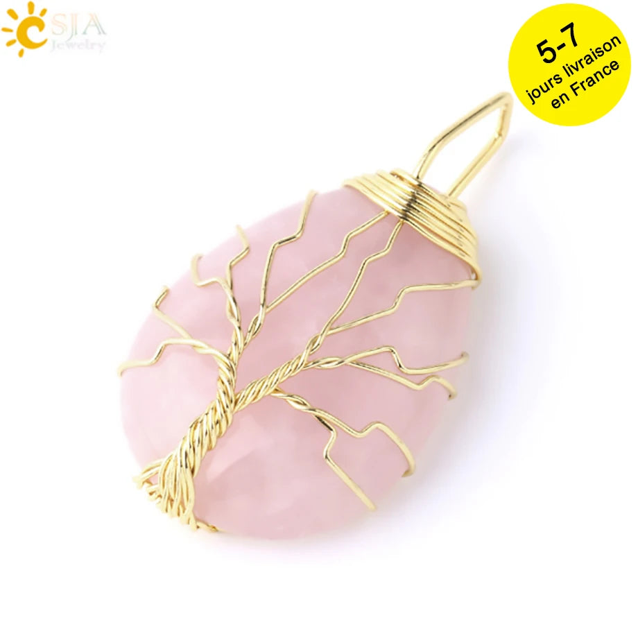Tiger Eye Tree of Life Crystal Necklace Natural Stone Pendant Wire Wrap Rose Crystals Pink Quartz Amethyst Green Aventurine E585