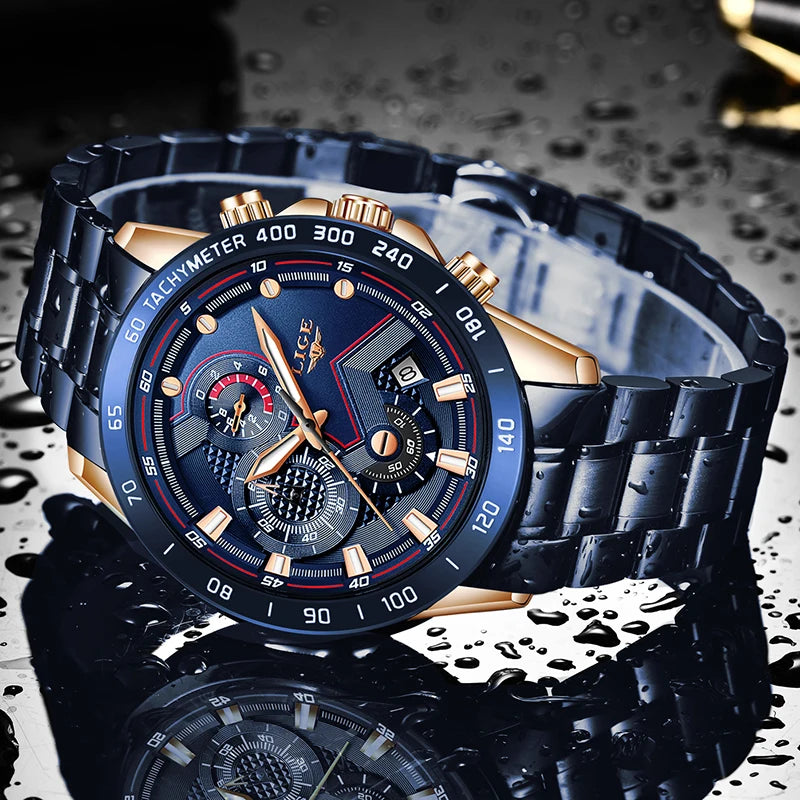 2022 LIGE New Blue Fashion Business Clock Mens Watches Top Brand Luxury All Steel Waterproof Quartz Gold Watch Relogio Masculino