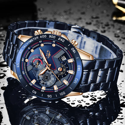 2022 LIGE New Blue Fashion Business Clock Mens Watches Top Brand Luxury All Steel Waterproof Quartz Gold Watch Relogio Masculino