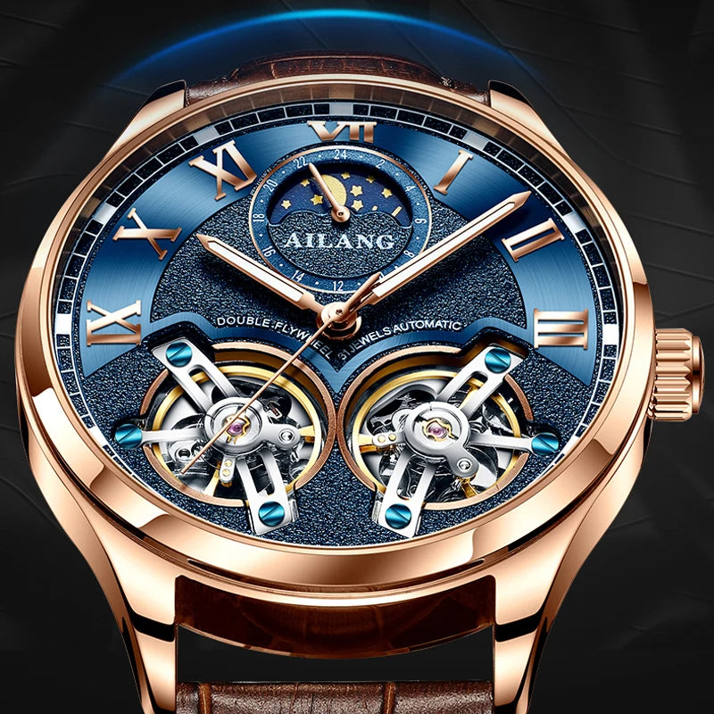 AILANG Original Design Men's Double Flywheel Automatic Mechanical Watch Fashion Leisure Business Luxury Clock