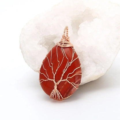 Natural Purple Quartz Opal Stone Pendants Handmade Rose Gold Color Tree of Life Wrapped Drop Shaped Crystal Pendant Necklace