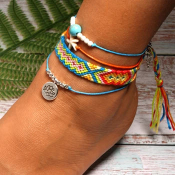 MOON GIRL Handmade Weave Bobo Lotus Anklet Set Fashion Starfish 4 Pieces Bohemian Chic Summer Bracelet Ankle for Women