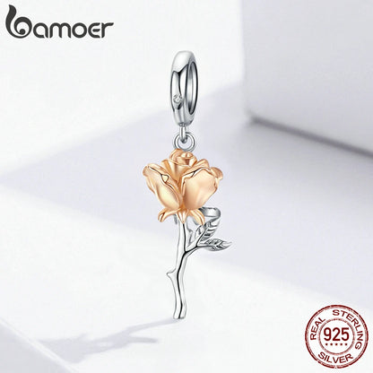 Bamoer 3D Rose Flower Pendant Charm 925 Sterling Silver Rose Gold Color Charms for Bracelet or Necklace DIY Sunflower Charms