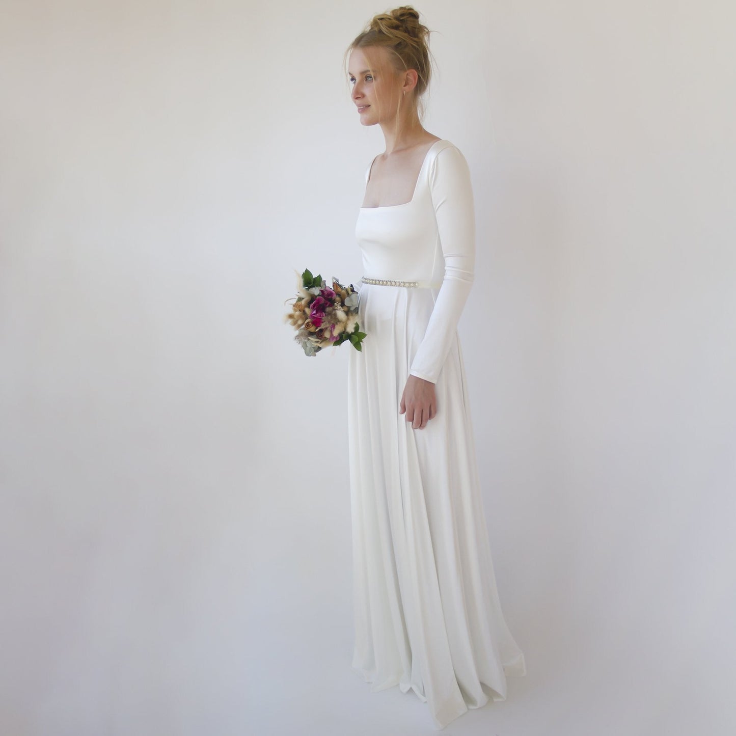 Bestseller Ivory Square Neckline Minimalist Satin Wedding Dress #1351