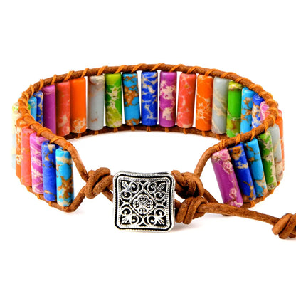7 MultiColor Chakra Natural Stone Bracelet Bohemia Handmade Tube Beads Leather Wrap Bracelet Yoga Bracelets for Woman