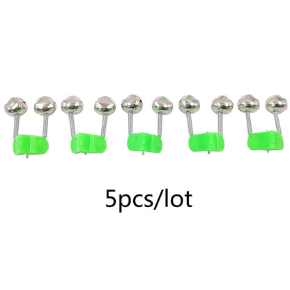 OUTKIT 5pcs/Lot Fishing Bite Alarms Fishing Rod Bell Rod Clamp Tip Clip Bells Ring Green ABS Fishing Accessory Outdoor Metal