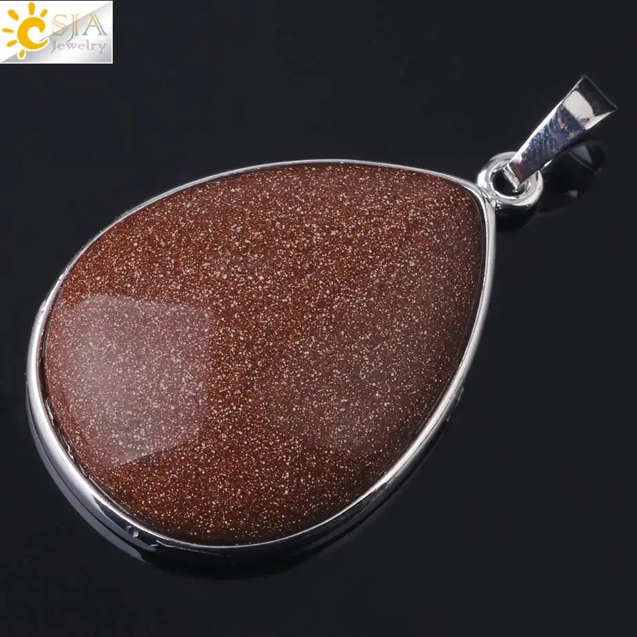 CSJA Natural Stone Pendants  Tiger Eye Pink Quartz Purple Crystal Lapis Necklace Water Drop Flat Bead Women Healing Jewelry F982
