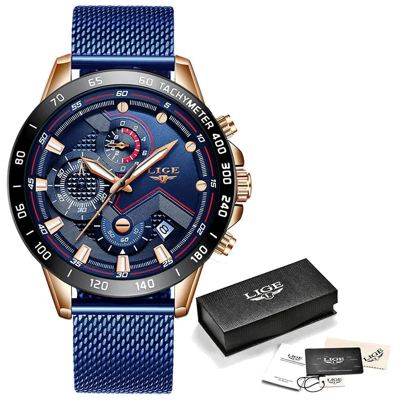 2022 LIGE New Blue Fashion Business Clock Mens Watches Top Brand Luxury All Steel Waterproof Quartz Gold Watch Relogio Masculino