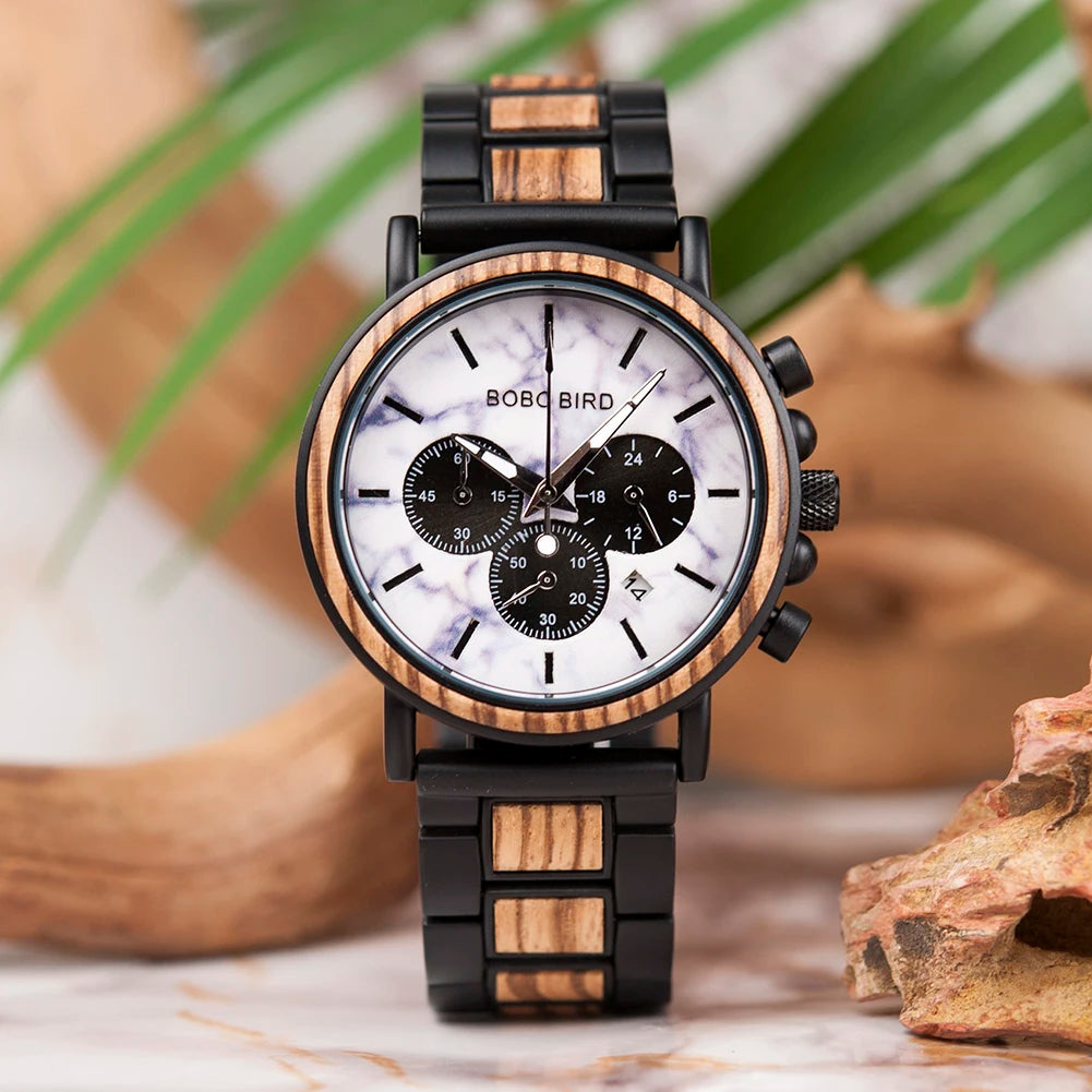 BOBO BIRD P09 Wood and Stainless Steel Watches Mens Chronograph Wristwatches Luminous Hands Stop Clock