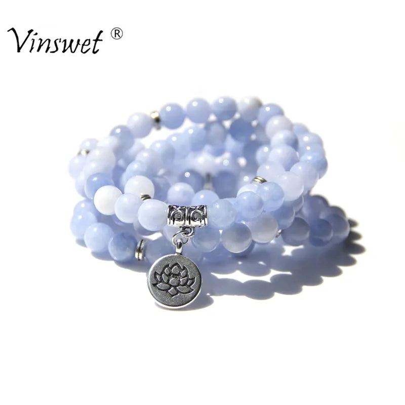 108 Mala Aquamarines With Lotus OM Buddha Charm Yoga Bracelet or Necklace for Me Women Blue Natural Stone Jewelry