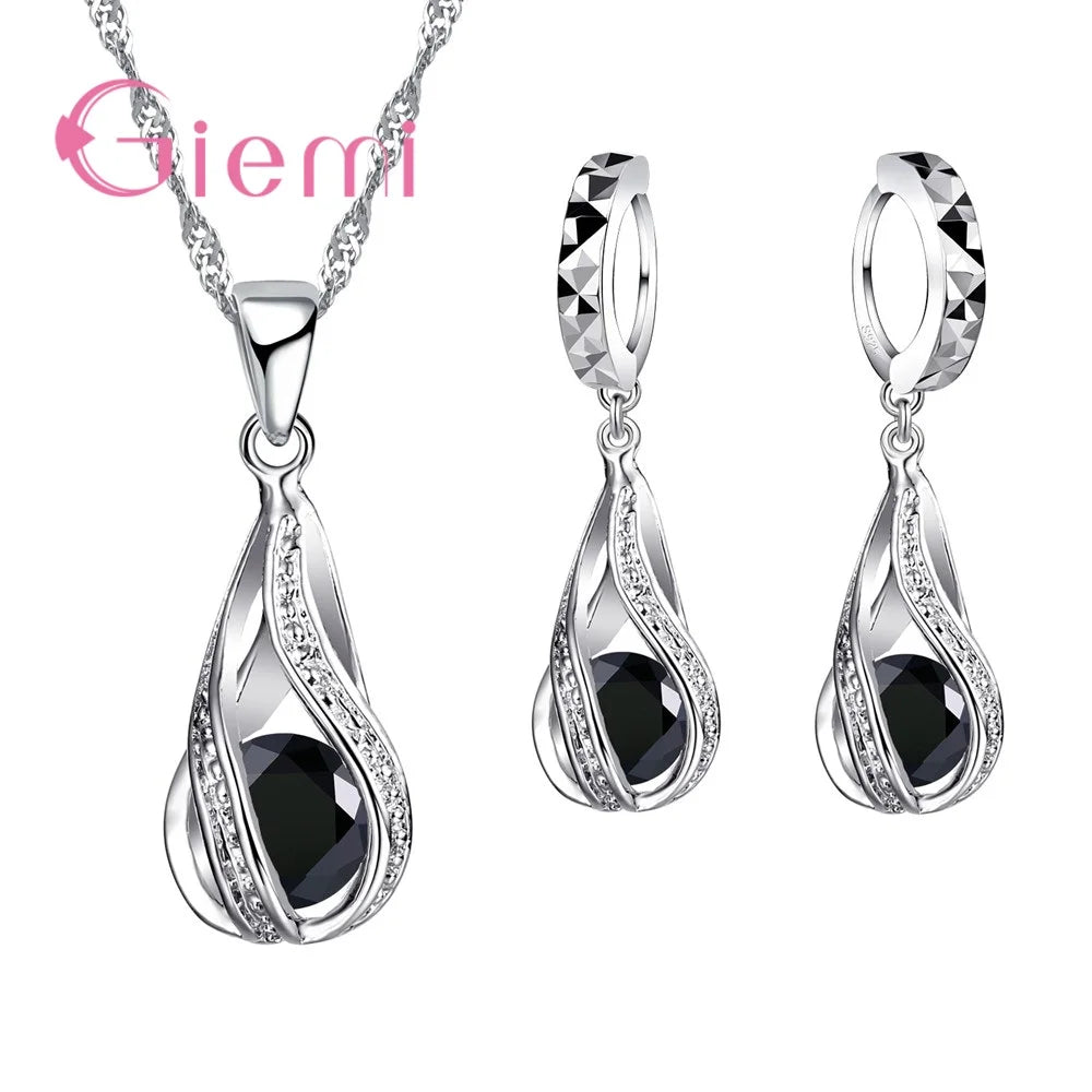 100% 925 Sterling Silver New Water Drop Cubic Zircon Pendant Necklace&Earrings for Women Ladies Jewelry Sets Wedding