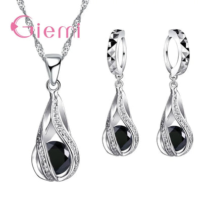 100% 925 Sterling Silver New Water Drop Cubic Zircon Pendant Necklace&Earrings for Women Ladies Jewelry Sets Wedding