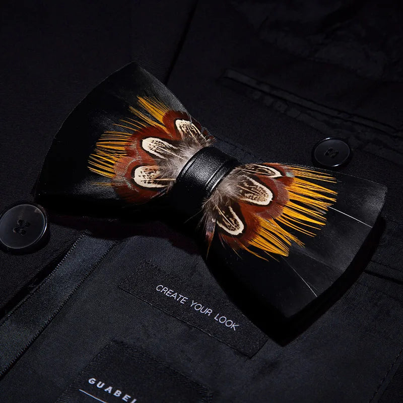 KAMBERFT Designer Brand Handmade Feather and Leather Pre-Tied Bow Tie and Brooch Sets for Men Wedding Party Best Cravate