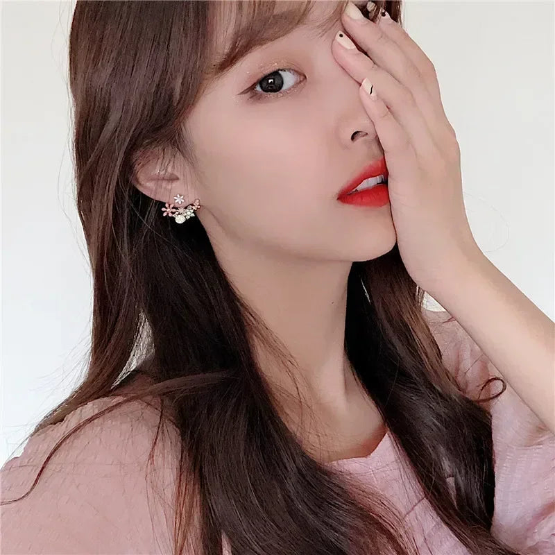 Korean Jewelry Fresh Cute Hook Drop Oil Flower Stud Earrings Crystal Earring for Women